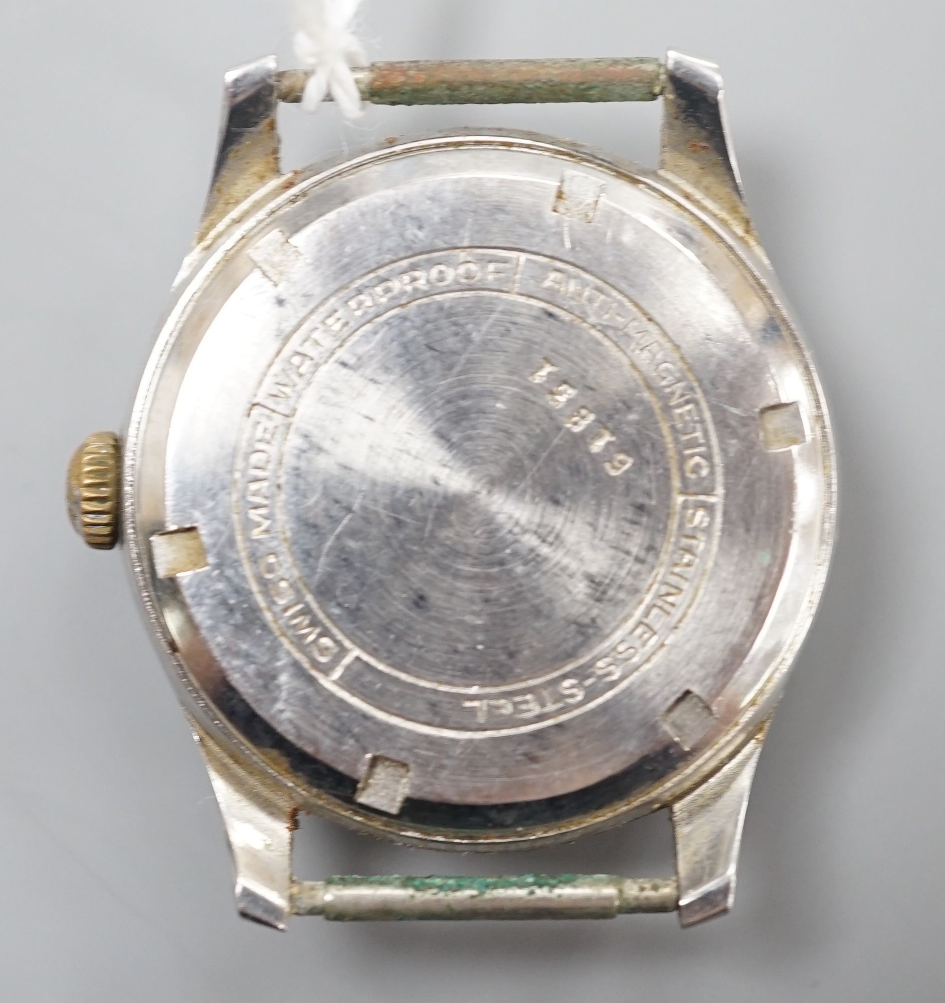 A gentleman's stainless steel Spearhead manual wind wrist watch, with Arabic dial, no strap.